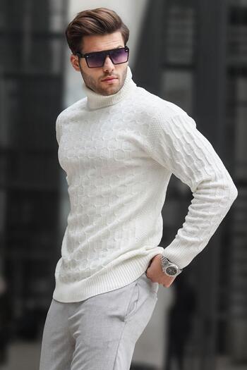 Madmext Bone Turtleneck Patterned Men's Sweater 6835