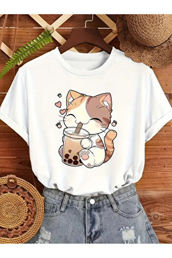 PENTHİLUS Simple Design Women's T-Shirt with Orange Cats Holding Milk Tea Cups