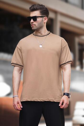 Madmext Overfit T-Shirt Mink - Crew Neck, Sleeve Stripe, 7024