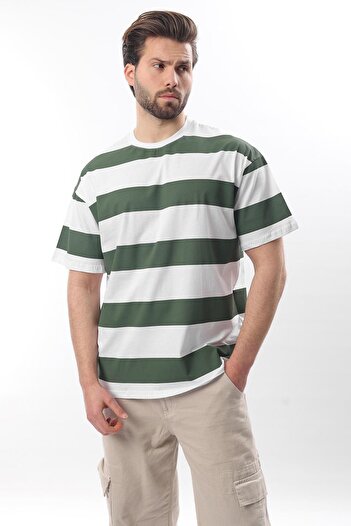 Madmext Oversize Khaki T-Shirt - Color Block, Crew Neck, Short Sleeve 7030