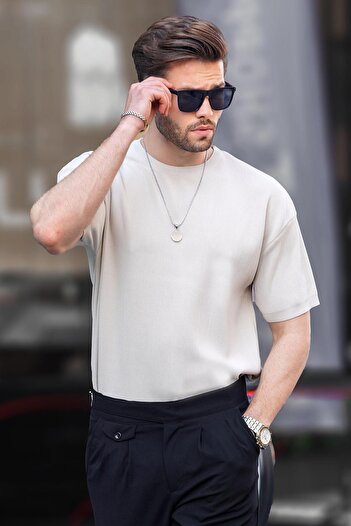 Madmext Beige Knitwear Men's T-Shirt - Crew Neck, Short Sleeve 6899