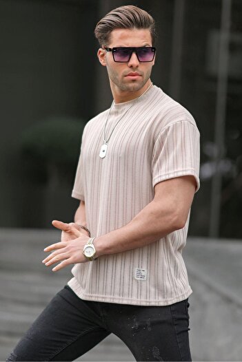 Madmext Ανδρικό μπλουζάκι μπεζ Oversize Crew Neck 6179