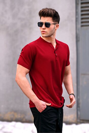 Madmext Claret Red Buttoned Short Sleeve Basic Men's T-Shirt
