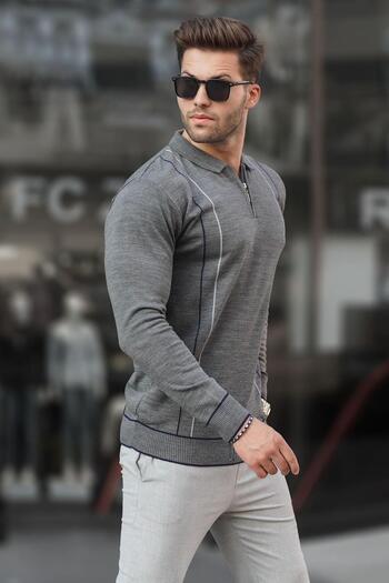 Madmext Anthracite Zippered Polo Neck Knitwear Men's Sweater 6823