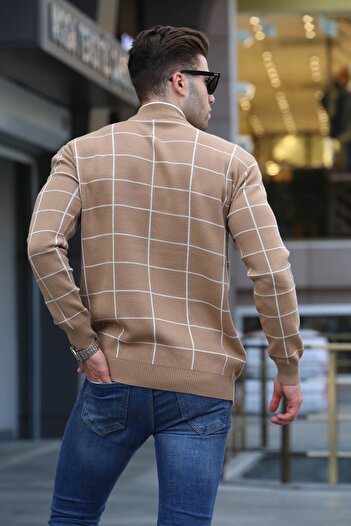 Madmext Beige Plaid Patterned Knitwear Sweater 5796