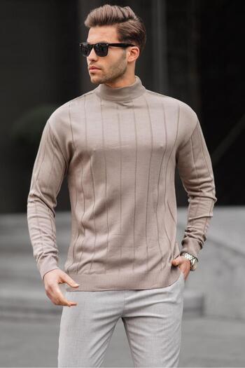Madmext Mink Slim Fit Half Turtleneck Striped Non-Pilling Men's Knitwear Sweater 6344