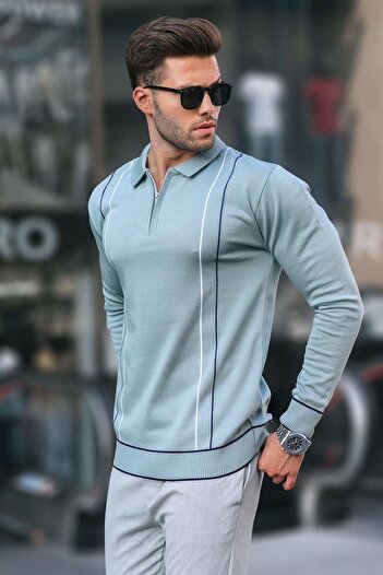 Madmext Water Green Zippered Polo Neck Knitwear Men's Sweater 6823