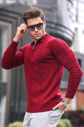 Madmext Claret Red Zipper Detailed Knitwear Sweater 5606