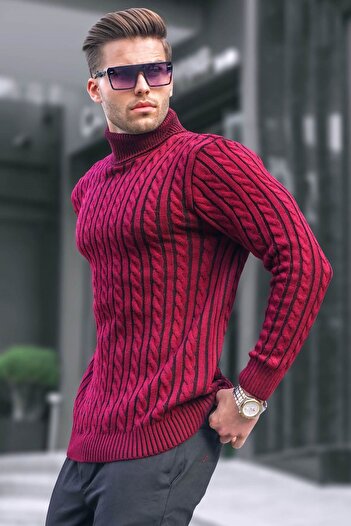Madmext Claret Red Turtleneck Knitted Detailed Sweater 6317