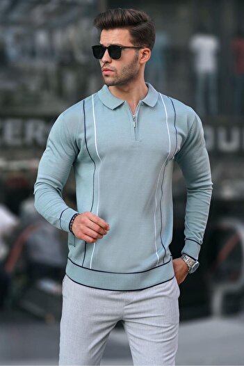 Madmext Water Green Zippered Polo Neck Knitwear Men's Sweater 6823
