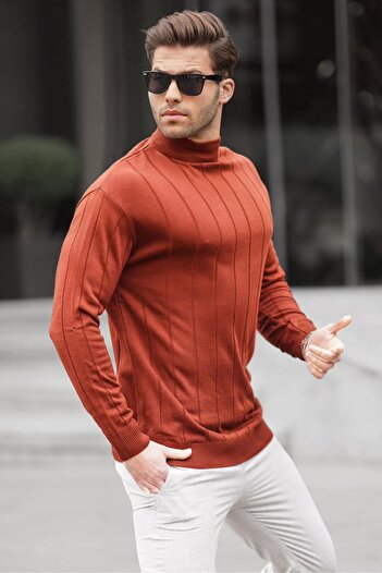 Madmext Tile Slim Fit Half Turtleneck Striped Non-Pilling Men's Knitwear Sweater 6344