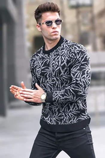 Madmext Black Patterned Crew Neck Knitwear Sweater 5767