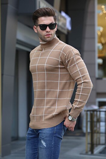 Madmext Beige Plaid Patterned Knitwear Sweater 5796
