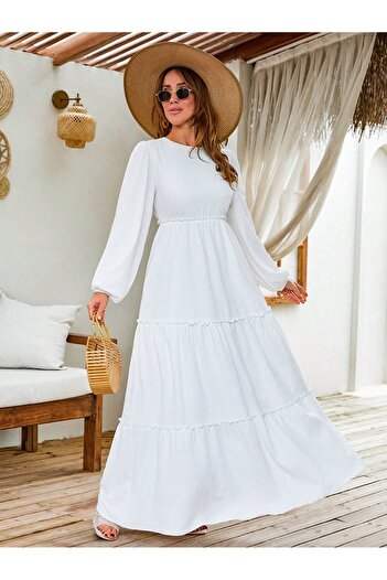 BLUSS Women's White Long Sleeve Fold Summer Bohemian Maxi Dress