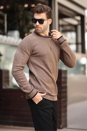 Madmext Mink Crew Neck Stripe Detailed Long Sleeve Knitted Sweater 7245