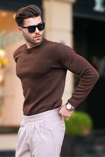 Madmext Crew Neck Houndstooth Patterned Long Sleeve Sweater 7219