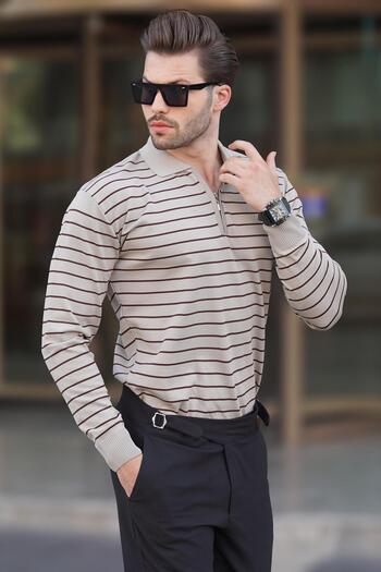 Madmext Polo Neck Mink Striped Zippered Sweater - 7243