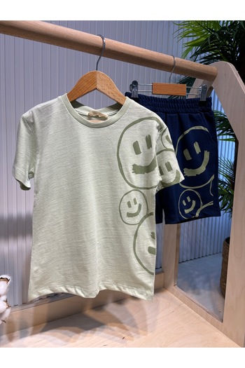 Canbi Kids Boy's Smiling Face Printed Water Green T-Shirt with Pocket and Elastic Waist Navy Blue Shorts Set of 2