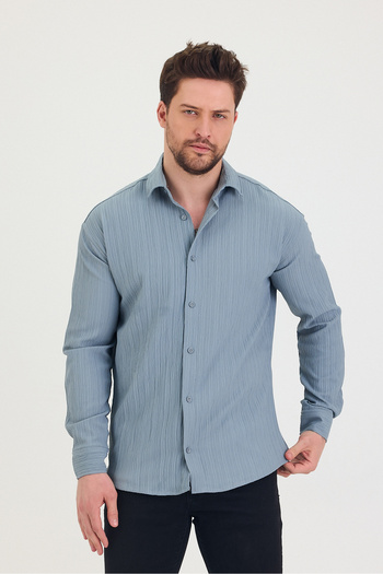 COOL TARZ Erkek Kendinden Çizgi Detaylı Slim Fit Dar Kalıp Uzun Kol Gömlek