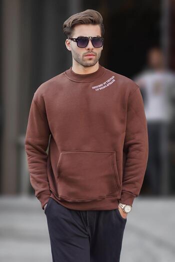 Madmext Ανδρικό φούτερ - Bitter Brown, Crew Neck, Κέντημα λεπτομέρεια και τσέπη 7049