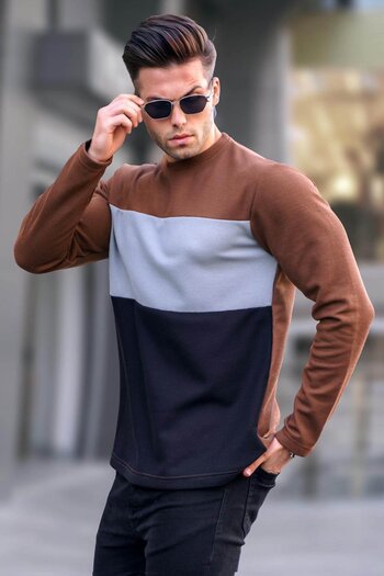 Madmext Brown Color Blocked Crew Neck Sweatshirt 6015
