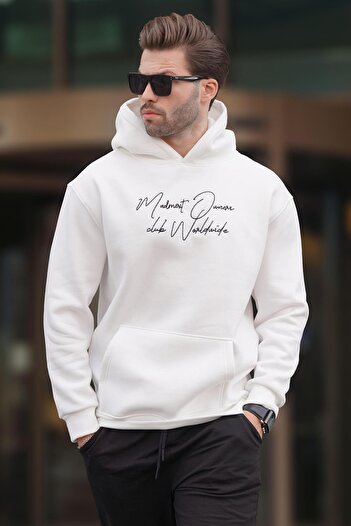 Madmext Men's Sweatshirt 7064 - Printed Ecru with Hood and Pocket Detail