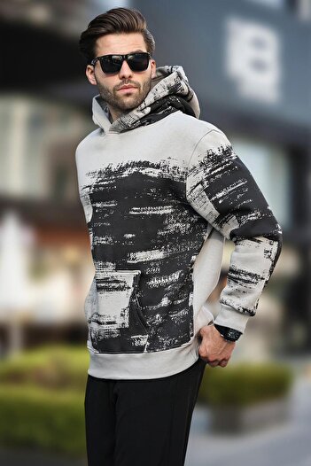 Madmext Men's Sweatshirt - Dyed Gray, Hooded, Patterned Pocket Detail, Model 7059