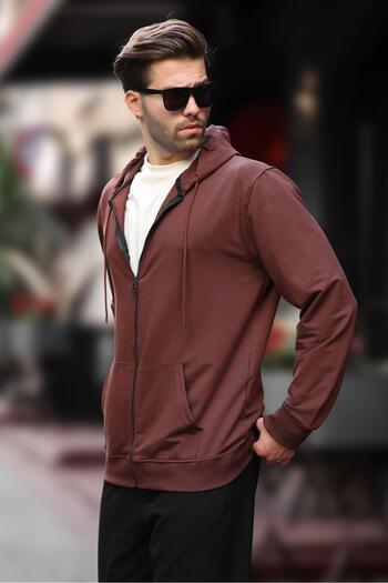 Madmext Men's Hooded Zippered Cardigan 7070 - Bitter Brown