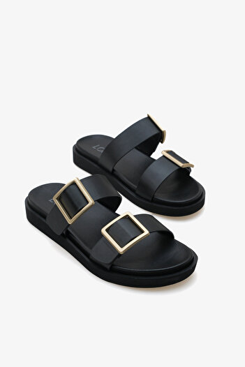 Stella Women's Double Banded Gold Buckle Casual Slippers Cesy Black