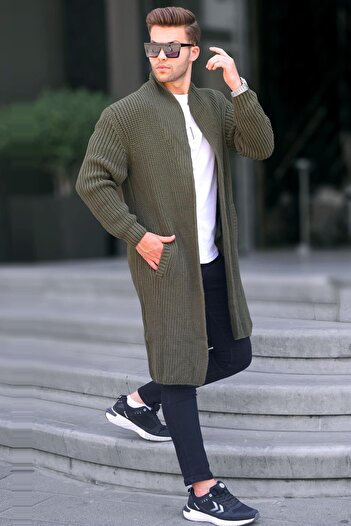 Madmext Khaki High Collar Pocket Long Knitted Cardigan 6816