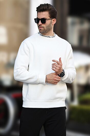Madmext Ecru Men's Sweatshirt - Crew Neck, Raised, 7047