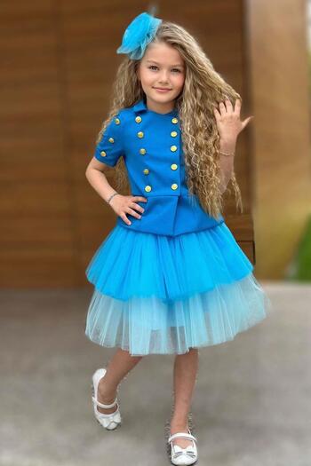 Riccotarz Girl's Gold Button Detailed Shirt and Double Blue Colored Skirt Set