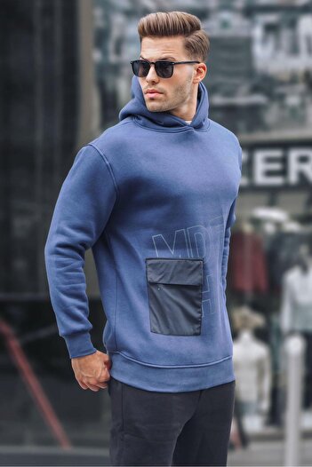 Madmext Φούτερ με κουκούλα Navy Blue εμπριμέ 6148