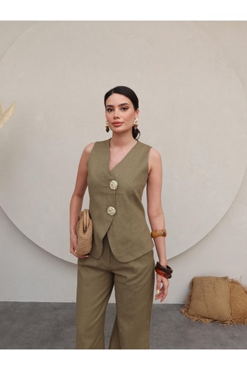 ESRAHELVACI Gold Buttoned Linen Trousers Set