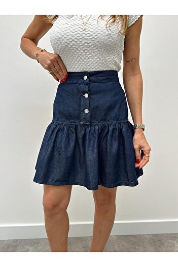 Maldia Shop Fusta scurtă de blugi din denim albastru cu volan pentru femei