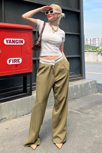 Madmext Wide Leg Khaki Trousers - Belt Detailed, MG1834