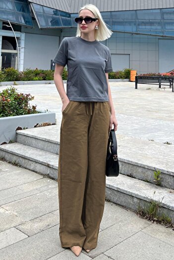 Madmext Milk Brown Women's Trousers with Wide Leg and Drawstring Waist - Mg2011