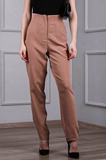 Madmext Beige High Waist Pipe Leg Women's Trousers Mg1667