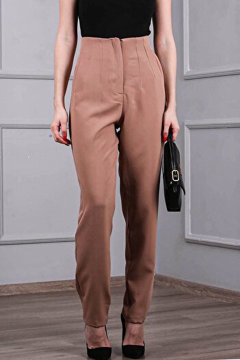 Madmext Beige High Waist Pipe Leg Women's Trousers Mg1667