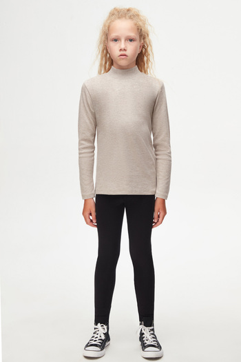 LOVETTI Girl - Dark Beige melange Basic Winter Long Sleeve Half Turtleneck T-shirt
