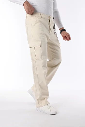 comstar Men's Wide Leg Cargo Pocket Basic Ecru Baggy Trousers