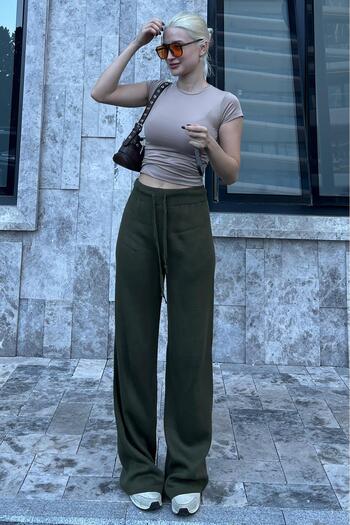 Madmext Wide Leg Khaki Trousers - Adjustable Waist Mg2089