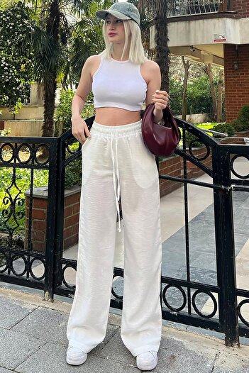 Madmext White Drawstring Wide Leg Women's Trousers MG2011