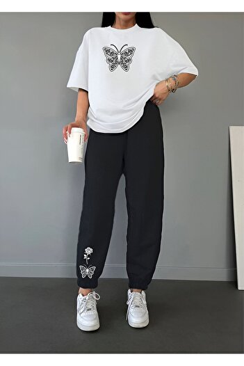 Mythologie Butterfly Rose Sweatpants and T-Shirt - White Black Jogger T-Shirt Sweatpants Suit Oversize Crew Neck