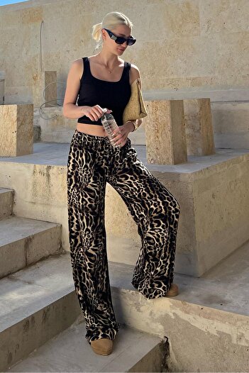 Madmext Adjustable Waist Leopard Print Black Wide Leg Trousers - MG2095