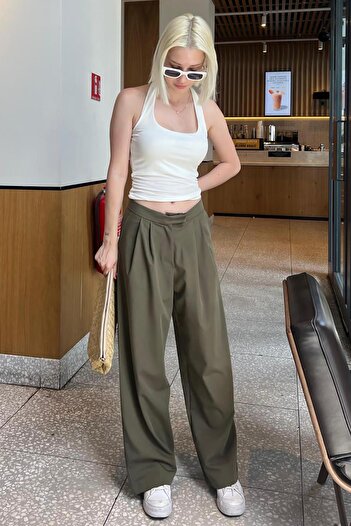 Madmext High Waist and Relaxed Cut Khaki Wide Leg Trousers - MG2120