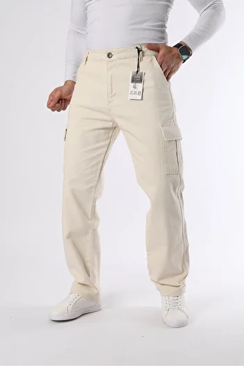 comstar Men's Wide Leg Cargo Pocket Basic Ecru Baggy Trousers