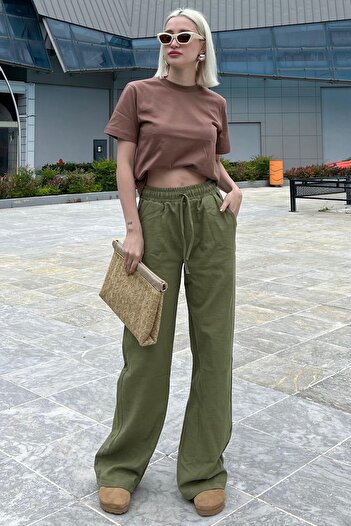 Madmext Khaki Waisted Drawstring Loose Leg Women's Pants MG2011