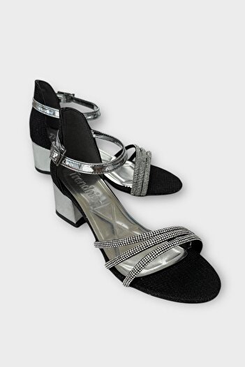 Liger Girl's Glittery Stone Banded Heeled Evening Dress Sandals Shoes Black - Silver
