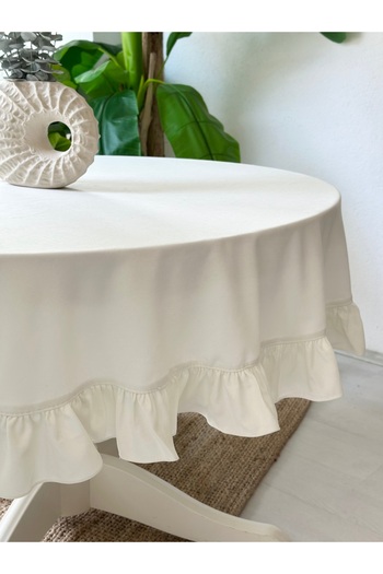 Decamor home Velvet Textured Vintage White Ruffled Tablecloth Stain Resistant